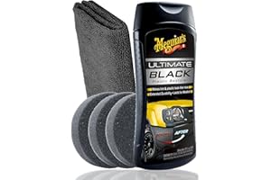 AUTOPFLEGE Juego de refrescadores de plástico para coche para interior y exterior | Meguiar's Ultimate Black Plastic Restorer + 3 x almohadillas aplicadoras + paño de pulido | Cuidado de plástico para un nuevo