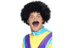 NOVELTIES DIRECT Smiffys Scouser Kit Schwarz mit lockiger Perücke & Tash, 1980er Jahre Verkleidung 1980er Jahre Dress Up Perücken