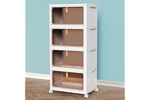 TidyTrove Storage Boxes with Lid, 4-Tier Plastic Stackable Storage Boxes with 1 Lid 23L/Tier, Folding Storage Bins with Wheels, Storage Organizer for Bedroom Living Room Study Office