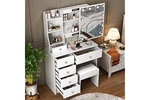 Ereousa Postazione Trucco, Toeletta Trucco con con Luci, Toletta da Trucco con Specchio e Sgabello, Toilette da Trucco con 6 Cassetti 3 Ripiani e 3 Ripiani Nascosti, Bianco H39-090015