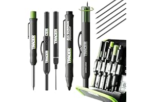 Tracer Kit de 5 marqueurs de construction avec étui de rangement – Crayon de charpentier, 2 marqueurs à pointe longue, marqueur sans obstruction et distributeur de mines de rechange