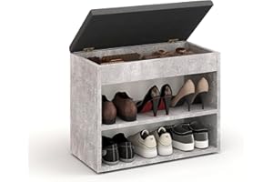 ‎KOMTO KOMTO Schuhbank mit Sitzfläche - Schuhregal Bank mit Stauraum Beton 60 x 48 x 32 cm Kleiner Schuhschrank mit Sitzbank Flur Bank Garderobenbank Sofia, Beton Polster Grau