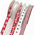 Christmas Ribbons, 5 Rolls Christmas Grosgrain Ribbons Bundle, Xmas Ribbon of 5 Patterns Double Faced Satin Polyester Xmas Ribbon for Gift Wrapping, Wedding, Party (5m/Roll, Width 10mm)