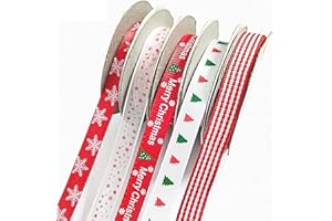 JOAKAUI Christmas Ribbons, 5 Rolls Christmas Grosgrain Ribbons Bundle, Xmas Ribbon of 5 Patterns Double Faced Satin Polyester Xmas Ribbon for Gift Wrapping, Wedding, Party (5m/Roll, Width 10mm)