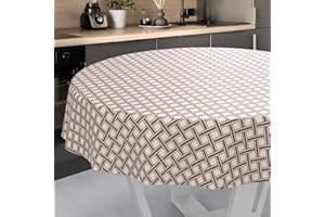 ANRO Nappe en Toile cirée, Lavable, pour Table de Jardin, extérieur et intérieur, Ronde, Bord coupé, Carreaux Beiges, 140 cm