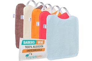 TENDS Pack de 5 Baberos Bebé impermeables con goma elástica - Baberos BLW con Rizo de Algodón Suaves y Absorbentes para Guardería - Fáciles de Poner y quitar con tejido Repelente al Líquido