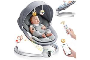 Fdlscpem Electric Baby Swing for Infant, Upgraded 5 Point Harness Baby Bouncer Chair with 5 Swing Speeds 3 Timers and 10 Music, APP/Remote/IMD Panel Control Newborn Toddler Swing Chair (Light Grey)