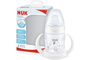 Tasse antifuite NUK First Choice | 150 ml | Poignées ergonomiques et bec verseur physiologique en silicone | Étanche | 6-18 m | Anti-colique | Contrôle de la température | Sans BPA | Ballons (Blanc)