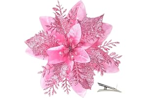 MIKAILE 20 Piezas Flores de Navidad con Clip, Flores Artificiales para Decoración de Navidad con Polve de Brillo para Guirnalda Corona Árbol de Navidad (Rosado)