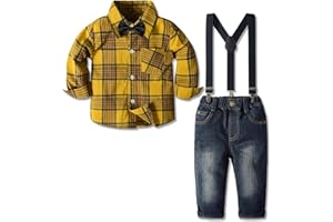 Yilaku Tuta Casual Autunnale da Bambino Pantaloni Scozzesi per Ragazzi + Papillon + Bretelle Staccabili + Bottoni 4 Pezzi Abiti da Gentiluomo