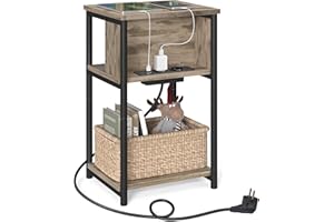 VASAGLE Mesa Auxiliar con Enchufe, Mesita de Noche con 2 Tomas AC y 2 Puertos USB, 30 x 34 x 58 cm, para Sala de Estar, Dormitorio, Marrón Camello y Negro LET375K01