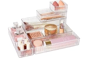Vtopmart 7 Pack Reeded Drawer Organiser, 4 Size Stackable Makeup and Vanity Drawer Organiser Trays, Acrylic Bathroom Drawer Storage Containers for Cosmetic, Office Supply