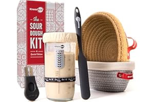 KneadAce Kit de démarrage au levain – Bocal de démarrage de 680,4 g, 2 paniers en corde de coton, lame à pain magnétique pour marquer – Cadeau pour boulangers et ensemble complet de cuisson du pain au