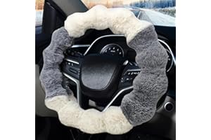 Pahajim Fluffy Steering Wheel Covers Universal Furry Soft Plush Steering Wheel Cover Warm Car Interior Winter Accessories for Women Men (Grey White)