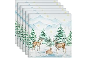 Arquiel Christmas Winter Pine Tree Cloth Napkins, 45 cm x 45 cm Woodland Deer Dinner Decorative Napkins Set of 6, Washable Cotton Absorbent Square Napkins for Dining Kitchen Party Wedding Decoration