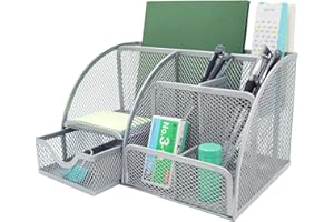 PYJLBX organizador escritorio, portalapices escritorio de malla metálica lapiceros para escritorio material oficina, organizador de escritorio accesorios escritorio portalapices con Cajón (Plata)