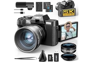 NBD 5K 64MP Appareil Photo numérique avec autofocus, Zoom numérique 16x, Écran IPS 3" 180°, WiFi + Lentille Grand Angle/Macro + Micro Externe + Carte 64GB + 2 Batteries (Noir)