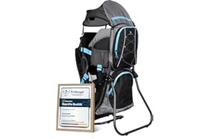 Dromader Kraxe Kindertrage bis 22kg - Baby Rückentrage Wandern mit Sonnendach Regenschutz - Babytrage Outdoor Trekking mit Thermotasche Wickelmatte - Einhändig klappbarer Aluminiumrahmen Schwarz Blau