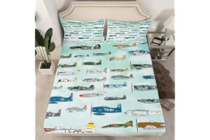 LOUSSIESD Juego de sábanas para niños y niñas, diseño de aviones del ejército 3D, para niños y niñas, sábana bajera, 2 piezas, tamaño individual