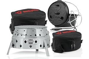 ‎BBQ-TORO BBQ-Toro 6-teiliges Dutch Oven Set mit Grill "DOKING", Deckelheber, Untersetzer, Aufbewahrungstasche, Tragetasche | 3-in-1 Faltgrill für 9 QT Dutch Oven