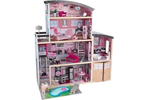 KidKraft Sparkle Mansion 65826 drewniany domek dla lalek z meblami i akcesoriami, 3-piętrowy zestaw do zabawy z kotem, windą, garażem i basenem dla lalek 30 cm, zabawki dla dzieci