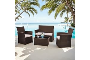 Aweather Rattan Garden Furniture Set Outdoor 4 Seater Patio Conversation Sets with Glass Top Coffee Table (Brown)