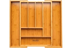 BlauKe® Portaposate da Cassetto di Cucina | Vassoio Portaposate in Legno di Bambù Regolabile 48x44cm | Portaposate in Bambù Estensibile | Cassetto Organizzatore e Divisore Telescopico