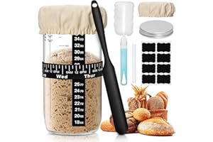 LUOJINYI Kit Masa Madre, Kit de Tarro de Inicio de Masa Madre, Tarro de Iniciación de Masa Madre 730ML con Tapa, Banda de Alimentación Marcada con Fecha, Cubierta de Tela y Banda de Termómetro