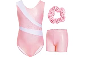 Gogokids Girls Three-Piece Gymnastics Set with Shorts, Kids Gymnastics Sleeveless Leotard with Gem Stones, Girls' Sparkling Gymnastics Outfit with Color Block Design Athletic Dancewear for Ages 3-12