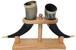 Galaxy Indiacraft Viking drinking mug, handmade, natural ox horn, mug for ale, beer, mead, wine, 30.5 cm, 100% leak-proof, with a beautiful wooden stand, set of 2