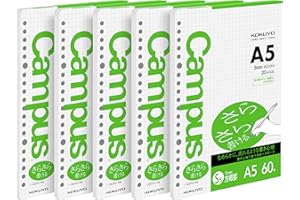 Kokuyo Campus Loose Leaf Paper for Binders, Sarasara Smooth Writing, 5mm Grid Ruled, A5, 20 Holes, 60 Sheets, Set of 5, Japan Import (NO-807S-5)