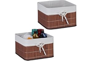 Relaxdays Kosz do przechowywania, zestaw 2 sztuk, bambus, wkładka materiałowa, wys. x gł.: 20 x 31 x 31 cm, otwór do chwytania koszyka, kosz regałowy, brązowy/biały