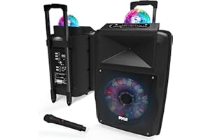 Pyle Portable PA System 30cm, 700W Bluetooth Party Speaker, Rechargeable DJ Sound System with Disco LED Lights, Wireless Microphone, USB/SD/Radio, Recording Mode, Battery Powered Speaker