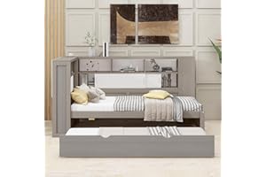 Ctastay Kinderbett Einzelbett 90x200 mit USB-Anschluss, Bett Jugendbett Holzbett mit Stauraum Staufach & Ausziehbares Rollbett, Familienbett Gästebett Tagesbett mit Lattenrost, Ohne Matratze (Grau)