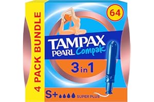 Tampax Compak Pearl Tampons, Super Plus with Applicator, 64 Tampons (16 x 4 Packs), Leak Protection and Discretion