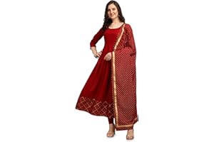 EthnicJunction Damen Kreppfolie Druck Anarkali Kurta mit Dupatta