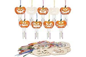 WEDNOK 9 Pcs Kits Bricolage Citrouille Carillon Vent Citrouille Bois à Colorer Peindre Décoration Suspendue pour Enfants Loisirs Créatifs Halloween Activité Manuelle Cadeau Jeux Maison Classe Cadeau