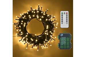 GHJ Guirlande lumineuse à piles télécommandée, LED blanc chaud sur câble vert foncé – pour sapins de Noël, mariages, fêtes, maison, jardin (50LED-5M)