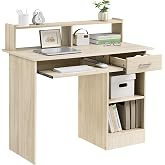 Yaheetech Computer Table Desk Light Wood 106x50x95 cm with Shelf | Youth Desk with Drawers and 3 Levels of Height Adjustment,