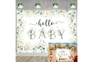 RUYI Toile de Fond Baby Shower pour fête prénatale 7x5FT, Feuilles d'eucalyptus dorées Neutre arrière-Plan de Photographie de bébé décoration de fête de Hello Baby Accessoire de Photo