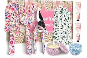 KEARLGMBH Gardening Gifts For Women, Garden Tools Set Floral Print Fork Trowel Set, Candles Gloves,3Hand Cream, Birthday Gift for 50Th 60Th 70Th Mum, Retirement, Mothers Day, Christmas (red blue)