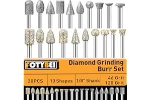 FOTYBEI 46-Grit and 120-Grit Diamond Grinding Burr Bits Set 20Pcs Compatible with Dremel Rotary Tool, Diamond Burrs with 1/8" Shank for Stone Glass Ceramic Grinding Carving and Polishing