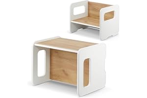 defiPad Panca per bambini multifunzione in legno con 2 altezze e funzione tavolino (Bianco + Rovere)