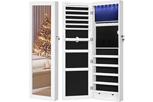 SONGMICS JBC93W Jewellery Cabinet Wall Storage Cabinet for Necklaces, Earrings, Accessories, Mirror, Various Compartments, Lockable, White