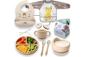 tinyfluffy Vajilla Bebe - Cubiertos Bebe, Vajilla Bebe Silicona, Plato Bebe, Baberos Bebe Impermeable, precucharas bebe blw, Plato Bebe Ventosa, Cubiertos Infantiles, Babero Bebe Silicona (Beige)