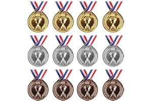 PLIMBIN 12 Pezzi Medaglie Premiazioni, Medaglie Oro, Argento e di Bronzo Medaglie Bambini Plastica con Nastri al Collo per Feste di Giorno di Sport Scolastico Concorsi
