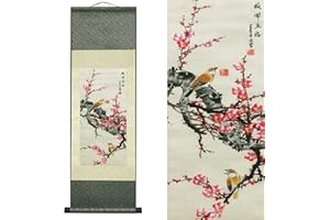 VALART Seide Scroll Malerei Asiatisch Wand Dekoration Seidenmalerei Vögel und Blumen - Pflaumenblüten fünf Segnungen Chinesische Kunstwandrolle Hängende Bildrolle Orientalisches Dekor (92 x 30 cm)