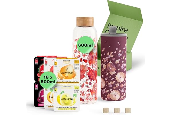 waterdrop® Startset i glas – 600 ml flaska i borosilikatglas + 18 sockerfria Microdrink-hydreringskuber i 6 smaker, berikade