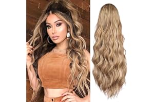 YEESHEDO Extensión de pelo largo ondulado para mujeres negras con cordón para cola de caballo extensiones de pelo clip en negro rizado sintético (Castaño rubio)