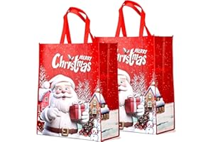 YOOYEH 2 Pack Christmas Tote Bag, Extra Large Reusable Grocery Bag with Handle, 50x40cm Present Bag, Shopping Bag for Holiday Xmas Event Party Red